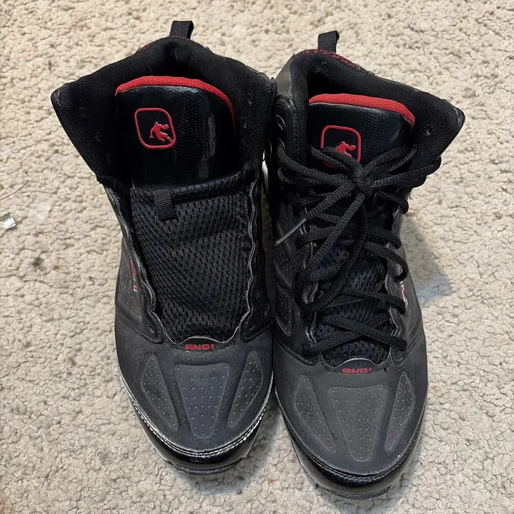AND1 Men's Basketball High Top Black Red Trim Athletic Sneakers Shoes (10) Rare